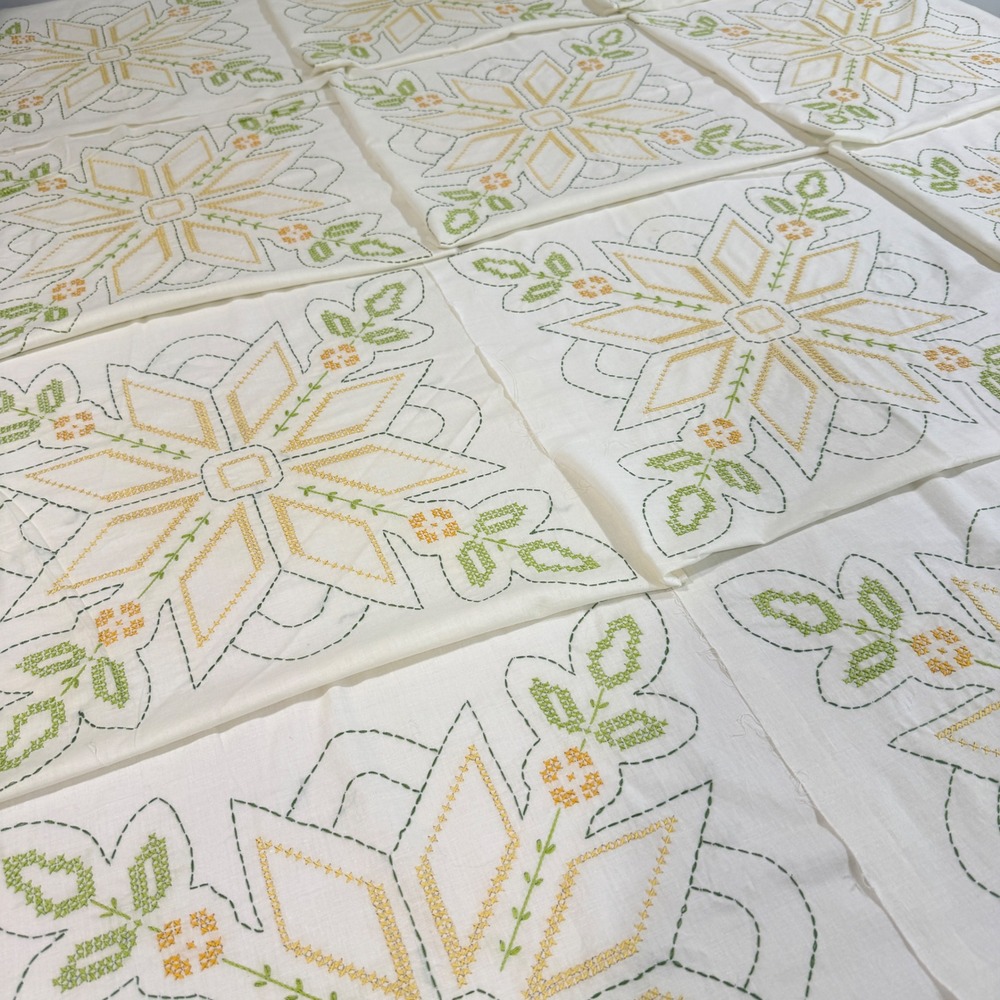 12 Vintage Hand Embroidered Cross Stitch Quilt Blocks 16.5in Green Yellow Star